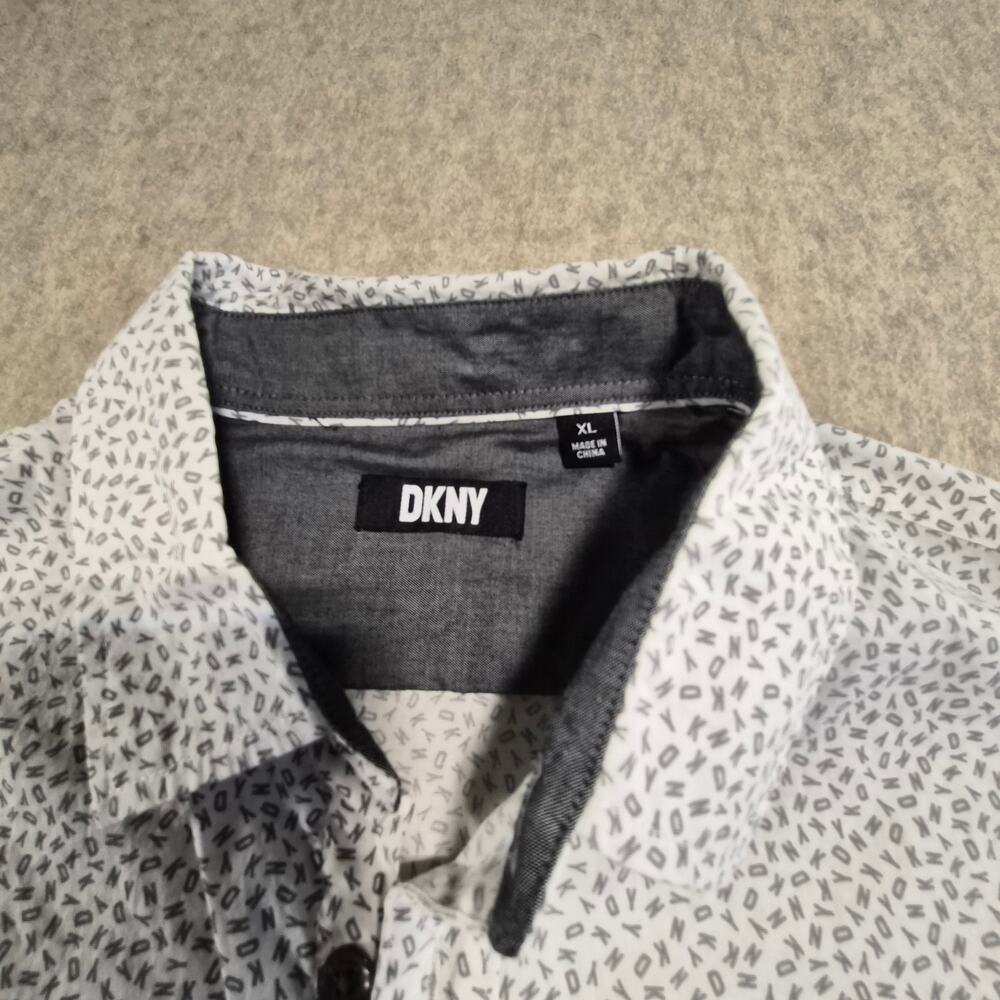 DKNY MENS WHITE W GREY LOGO PRINT BUTTON-UP SHORT SLEEVE SHIRT XL - Picture 2 of 10